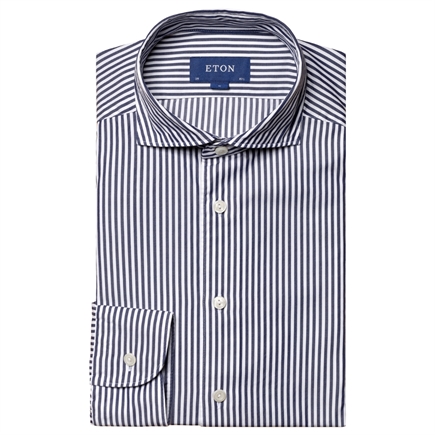 Eton Navy Striped Cotton-Tencel Skjorte