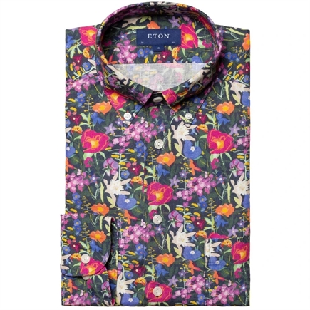 Eton Slim Floral Print Linen Skjorte