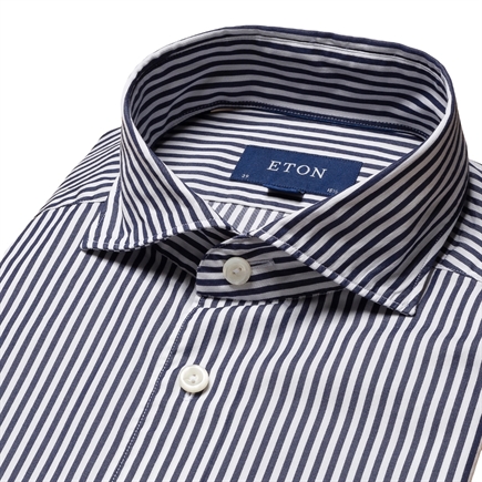 Eton Navy Striped Cotton-Tencel Skjorte