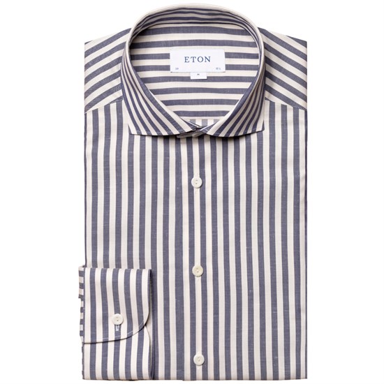 Eton Navy Striped Wrinkle-free Linen