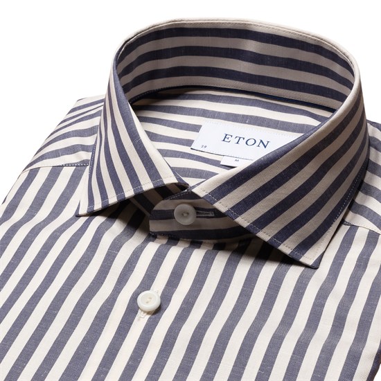 Eton Navy Striped Wrinkle-free Linen
