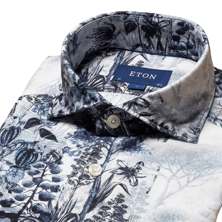 eton Floral Print Cotton-Tencel Skjorte